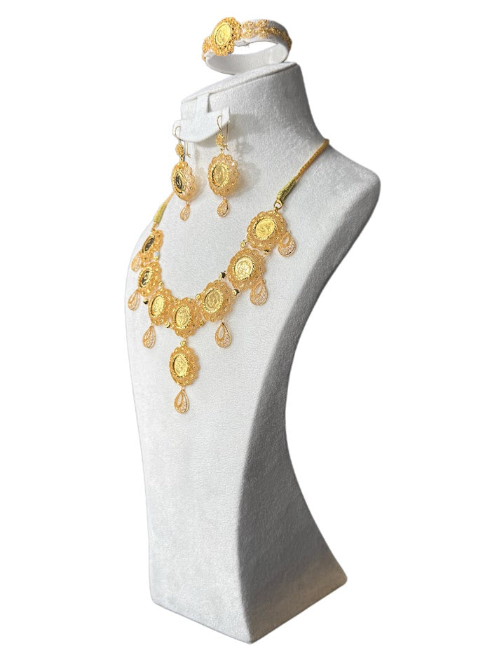 22K Gold Necklace & Earrings, Bracelet 64.94g